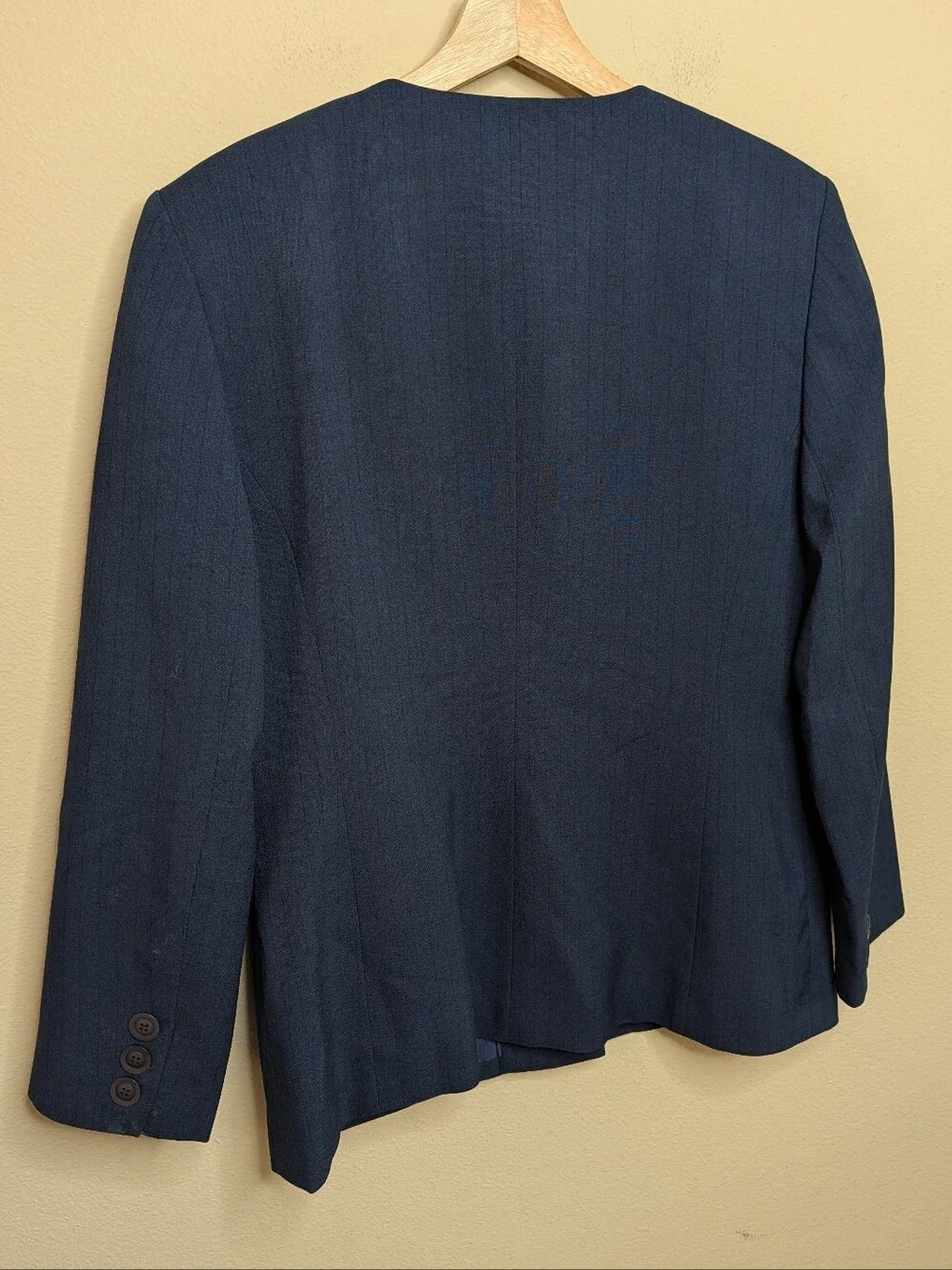 Sag Harbor Suit Navy Pinstripe Collarless Blazer Size 14 Shoulder Pads